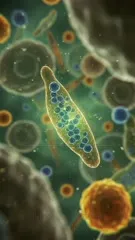 An elongated, translucent cell holds a cluster of blue spheres, drifting among vivid round structures and glowing particles, portraying dynamic subcellular activity in a vibrant, bustling microscopic world — 4K royalty-free microscopic stock footage
