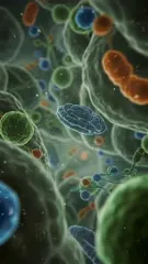 A vivid microscopic scene showcasing colorful cellular structures and organelles within a lush intracellular environment, highlighting dynamic membranes, mitochondria, and vesicles amidst a vibrant, living cell landscape — 4K royalty-free microscopic stock footage