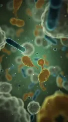 A vivid microscopic scene of colorful cells and bacteria drifting in a fluid environment, featuring glowing structures, small particles, and budding interactions that suggest life at the cellular level — 4K royalty-free microscopic stock footage