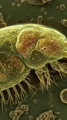 A highly detailed close-up of a microscopic biological creature, revealing translucent body segments, tentacle-like appendages, and intricate internal structures in a vivid, macro view under high magnification — 4K royalty-free microscopic stock footage