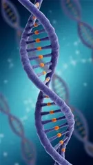 A vivid spiral structure winds through a glowing blue backdrop, highlighting the blue backbone and bright orange bases that encode life’s information at the molecular level — 4K royalty-free microscopic stock footage
