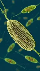 Macro image of a green, intricately patterned diatom gliding through a blue microcosm, with smaller diatoms in the background. Its ridged silica shell shows vivid texture and colorful internal details — 4K royalty-free microscopic stock footage