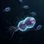 A vibrant microscopic view of a single cell, glowing with interior organelles and wispy flagella, drifting through a dark field with scattered particles in motion around the cell — royalty-free microscopic stock footage