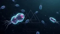 A high-resolution micrographic scene reveals glowing aquatic cells and bacteria floating in dark water, showcasing intracellular structures and shimmering particles as tiny life forms interact in a molecular sea — 4K royalty-free microscopic stock footage
