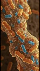Color-enhanced micrograph shows rod-shaped bacteria organized in a dense biofilm on a textured surface, blue and orange cells interwoven within a slimy matrix and tiny particles — 4K royalty-free microscopic stock footage