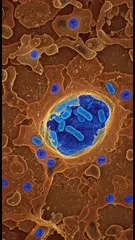 Color-enhanced micrograph showing pathogenic bacteria (blue rods) inside a host cell, illustrating bacterial invasion and intracellular interaction within a cellular environment, with surrounding organelles and membranes — 4K royalty-free microscopic stock footage
