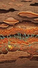 A vivid cross-section of wood reveals vibrant fungal networks, spores, and cellular patterns, blending biology and art to showcase microscopic life and decay in bright, surreal colors — 4K royalty-free microscopic stock footage