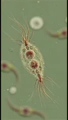 Microscopic image of Giardia lamblia, a flagellated parasite, showing its pear-shaped body with two nuclei and multiple long flagella, along with internal organelles and vacuoles — 4K royalty-free microscopic stock footage