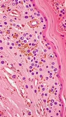 Micrograph from dermatopathology illustrating eczema features: inflammatory infiltrate with eosinophils, spongiosis, keratinocyte edema, and vascular dilation in a stained skin biopsy, highlighting epidermal changes and dermal inflammation in chronic lesions — 4K royalty-free microscopic stock footage