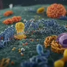 A high-detail micrograph-style scene of a cell membrane with twisting protein structures, colorful receptors and molecular machinery, illustrating cellular interactions and signaling on a miniature, vivid biological landscape — 2K royalty-free microscopic stock footage