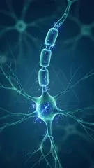 A detailed, micro-scale illustration of nerve cells and myelinated axons forming a neural network, highlighting connections, synapses, and cellular structure in cool blue tones across the image — 4K royalty-free microscopic stock footage