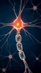 A vivid illustration of a neuron with a glowing cell body and a chain of myelinated axon segments, highlighting electrical signals traveling along the neural pathway — 4K royalty-free microscopic stock footage