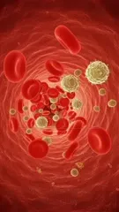 A vivid micrographic view inside a blood vessel, showing numerous red blood cells flowing past white blood cells and tiny particles, illustrating the dynamic environment of the circulatory system — 4K royalty-free microscopic stock footage