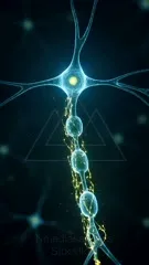 A glowing neuron stretches its axon, with bright cell bodies along the chain and shimmering electrical signals coursing through yellow myelin. The scene highlights neural connectivity and communication — 4K royalty-free microscopic stock footage