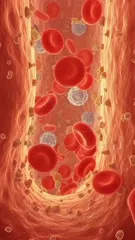 A vivid view inside a blood vessel shows flowing red blood cells mingling with blue-white immune cells and scattered platelets, illustrating circulation, cellular interactions, and the dynamic inner environment of the bloodstream — 4K royalty-free microscopic stock footage