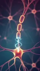 Vibrant microscopic view of a neuron with glowing myelinated axons transmitting electric signals, synapses sparking at the nodes, highlighting neural communication and the intricate network of brain cells — 4K royalty-free microscopic stock footage