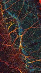 Colorized microscopic view of brain tissue highlighting dense neural networks and cellular structure, with glowing orange neurons interwoven across a dark background, blue nuclei scattered throughout, illustrating intricate cellular connectivity — 4K royalty-free microscopic stock footage
