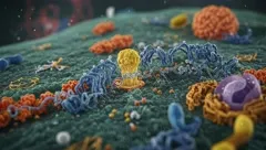 A highly detailed microscopic view of a cell membrane showing colorful proteins and molecular machinery at work, illustrating how receptors, channels, and signaling elements organize on the cellular surface — 4K royalty-free microscopic stock footage