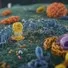 A high-resolution 3D rendering of a cell membrane showing blue transmembrane proteins and yellow signaling molecule clusters amid a green lipid bilayer, illustrating molecular interactions at the cell surface — royalty-free microscopic stock footage