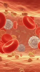 A vivid microscopic view inside a blood vessel, where numerous red blood cells flow past blue-white immune cells and various platelets, highlighting the dynamic, bustling environment of circulating blood — 4K royalty-free microscopic stock footage