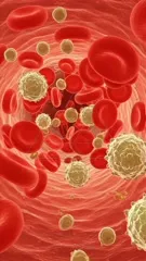 A vivid microscopic view of a blood vessel showing circulating red blood cells and white blood cells amid plasma, illustrating cellular components of the circulatory system — 4K royalty-free microscopic stock footage