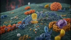 A vivid microscopic view of a cell membrane with diverse colorful proteins and molecular machinery, illustrating how receptors and channels organize on the surface in intricate, dynamic detail — 4K royalty-free microscopic stock footage