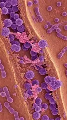 Close-up microscopic view of a fungal infection, showing fungal spores and hyphae intermingling with host cells, illustrating microbial invasion at a cellular membrane. intense colors highlight interactions during infection process — 4K royalty-free microscopic stock footage
