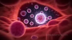 A high magnification view of a vivid purple cell, exposing internal organelles as light shows the cellular interior; surrounded by smaller cells, highlighting the intricate structure and life of biology — 4K royalty-free microscopic stock footage
