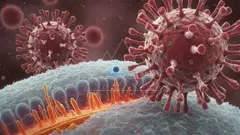 Close-up view of a virus particle looming over a cell membrane, with colorful molecules and membranous structures, illustrating viral entry and cellular interactions at a tiny scale — 4K royalty-free microscopic stock footage