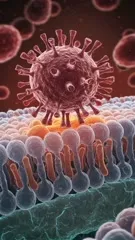 A spherical virus-like particle docks onto a layered cell membrane, its spike-like projections piercing the surface as surrounding lipids and organelles swirl in a vibrant, close-up biological scene — 4K royalty-free microscopic stock footage