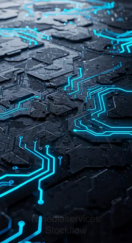 Abstract close-up of a circuit board with glowing blue lines — 8K royalty-free background stock photo