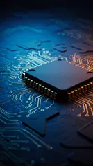 Close-up of a microchip on a circuit board with blue and orange lighting — 8K royalty-free background stock photo