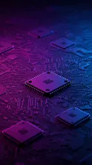 Close-up of computer chips on a circuit board with purple lighting — 8K royalty-free background stock photo