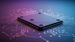 Close-up of a microchip on a circuit board with colorful lighting — 8K royalty-free background stock photo