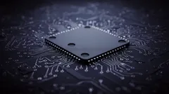 Close-up of a black microchip on a circuit board with intricate patterns — 8K royalty-free background stock photo