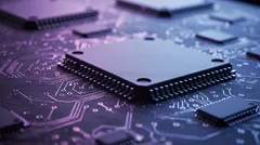 Close-up of a microchip on a circuit board with purple lighting — 8K royalty-free background stock photo