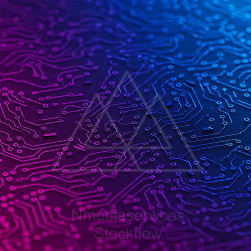 Abstract close-up of a circuit board with vibrant purple and blue lighting — 8K royalty-free background stock photo