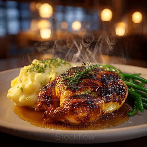Herb-roasted chicken with mashed potatoes and green beans, finished with rosemary and steaming gravy — 4K royalty-free food & beverage stock photo