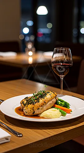 Herb-crusted chicken breast with mashed potatoes and steamed vegetables beside a glass of red wine in a cozy restaurant — 8K royalty-free food & beverage stock photo