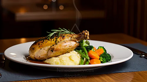 Herb-roasted chicken leg atop creamy mashed potatoes with a side of steamed broccoli, carrots, and green beans on a white plate — 8K royalty-free food & beverage stock photo