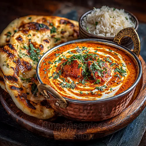 Chicken tikka masala in a copper pot, topped with herbs, served with naan and a bowl of rice — 4K royalty-free food & beverage stock photo