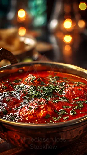 Chicken tikka masala in a copper pan with tomato gravy and fresh cilantro garnish — 8K royalty-free food & beverage stock photo