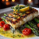Seared fish fillet with a herb-crusted glaze, garnished with lemon and thyme, served over asparagus and roasted cherry tomatoes with a citrusy sauce — 4K royalty-free food & beverage stock photo