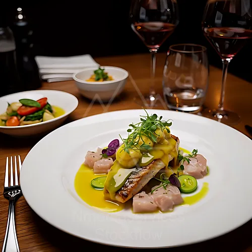 Plated fish dinner with a glossy yellow sauce, a fillet topped with greens, surrounded by pink diced fish and cucumber rounds, with a side salad and wine glasses in the background — 4K royalty-free food & beverage stock photo
