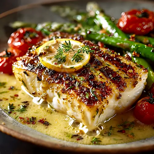 Seared fish with a herb-lemon crust in a creamy sauce, plated with roasted tomatoes and asparagus — 4K royalty-free food & beverage stock photo
