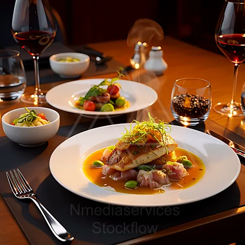 Elegant plated fish on a golden sauce with greens and vegetables, surrounded by small side dishes and a table set with wine glasses — 4K royalty-free food & beverage stock photo
