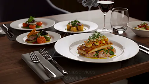 Elegant fish entrée plated on a white dish with citrus-garnished toppings and delicate greens, part of a multi-course restaurant-style dinner setting — 8K royalty-free food & beverage stock photo