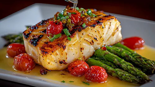 Seared fish fillet with a glossy glaze, topped with chopped green onions and red peppers, served with cherry tomatoes and asparagus in a light sauce — 8K royalty-free food & beverage stock photo
