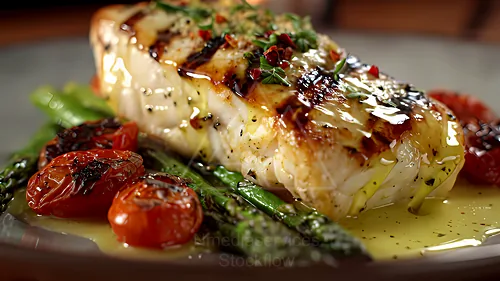 Succulent baked fish topped with melted cheese and glaze, garnished with herbs, served with roasted cherry tomatoes and asparagus on a drizzled sauce — 8K royalty-free food & beverage stock photo