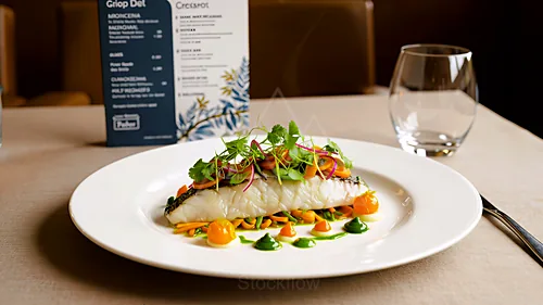 A plated white fish fillet topped with microgreens and colorful carrot, onion, and herb garnishes on a white dish at a dining table — 8K royalty-free food & beverage stock photo